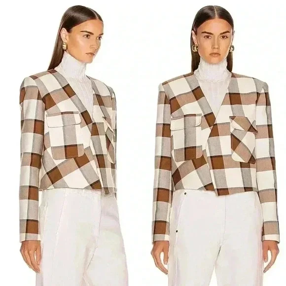 Tibi Dylan Plaid Cream Cropped Jacket Blazer in Ivory Camel Size 12 - Picture 12 of 16
